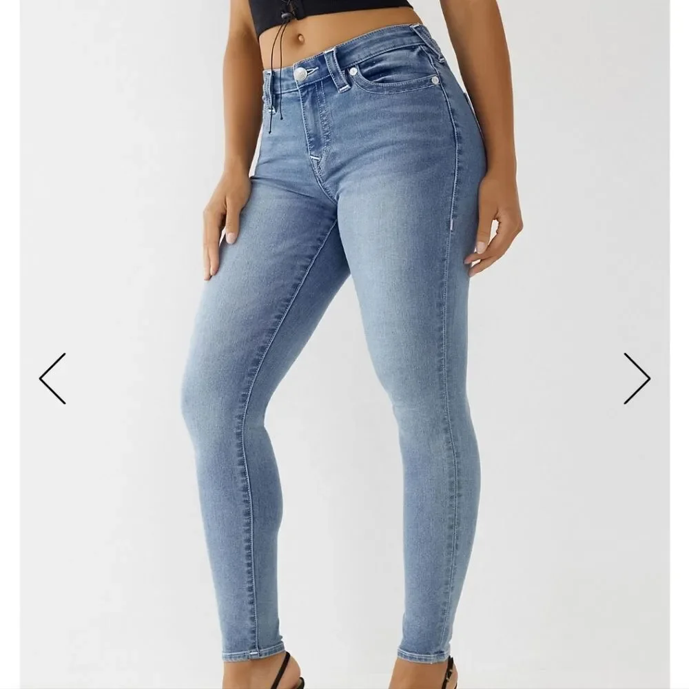 True Religion Women's Blue Medium Wash Mid Rise Halle Super Skinny Jeans…